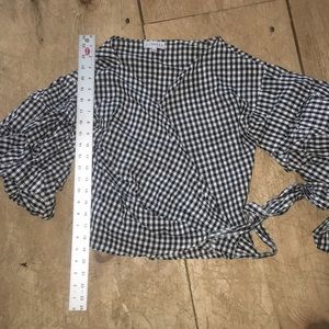 Checkered wrap tie blouse